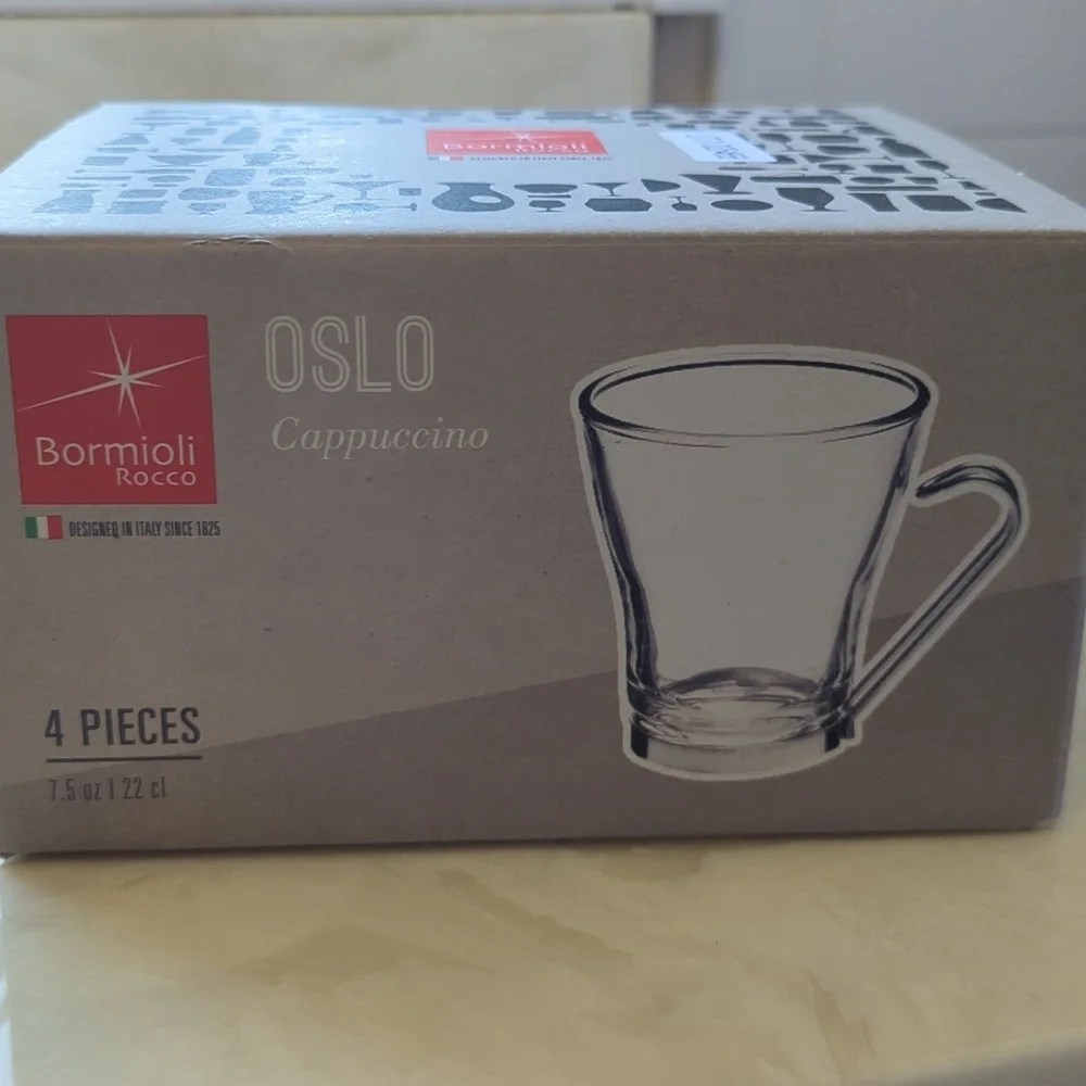 Bormioli Oslo Cappuccino Glass Cups with Silver Handles (4) NIB